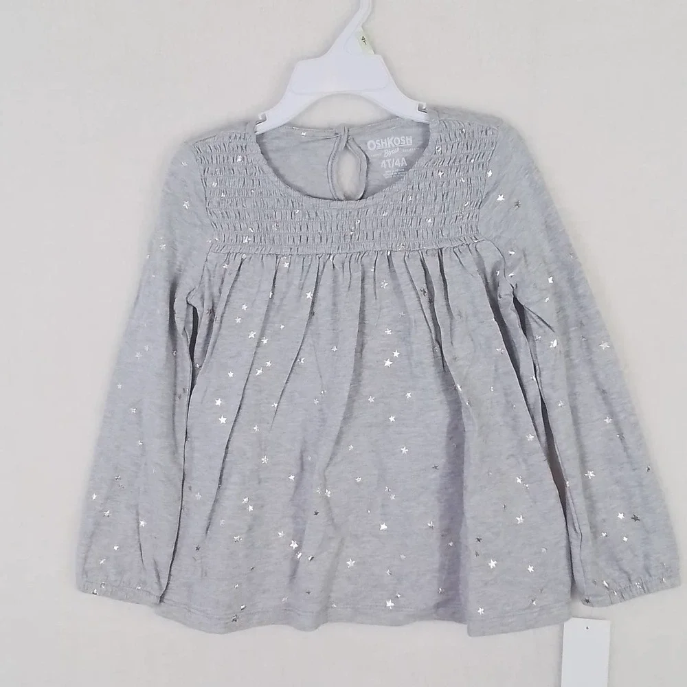 OshKosh Long Sleeve Cotton Top Tee Size 4 Gray‎ w/ Gold Stars
